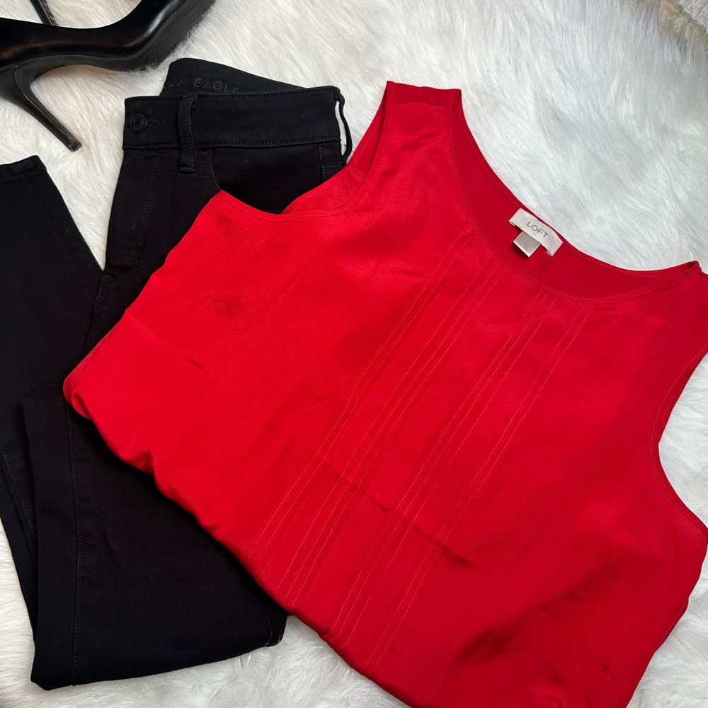 •Loft • Red Pleated Blouse Women’s Medium